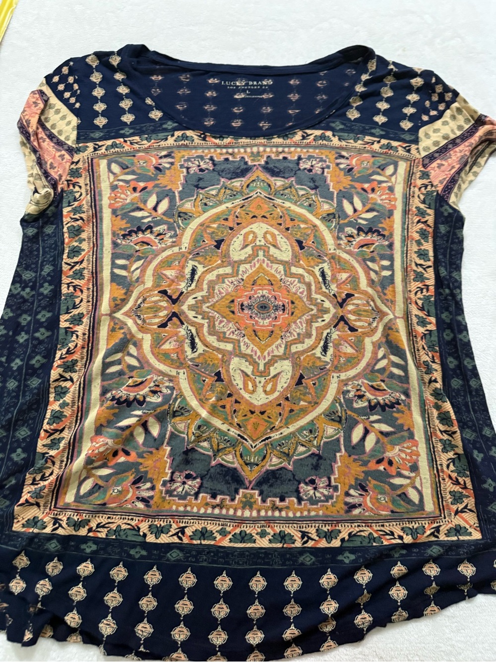 Lucky Brand Womens Multicolor Persian Carpet Print Scoop Neck T-Shirt Size L D78